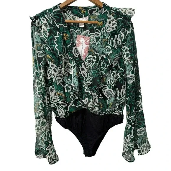 BAND OF THE FREE Bonnie Emerald Long Sleeve Bodysuit Top Bell Sleeve Hippie Boho - Picture 2 of 16